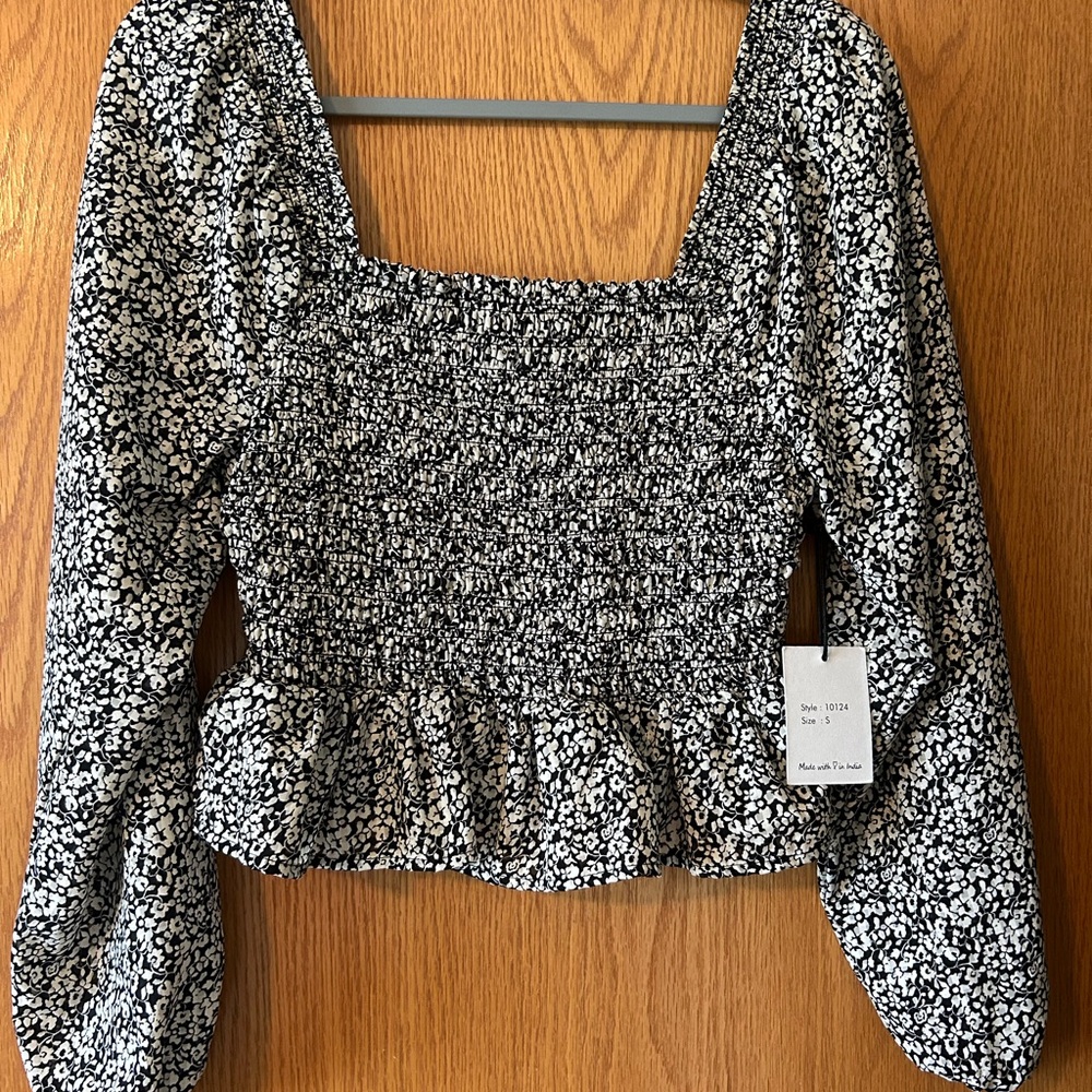 Japna Black and White Smocked Peplum Blouse